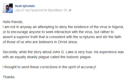 Pastor-Ituah-Ighodalo-facebook-post-ebola-response