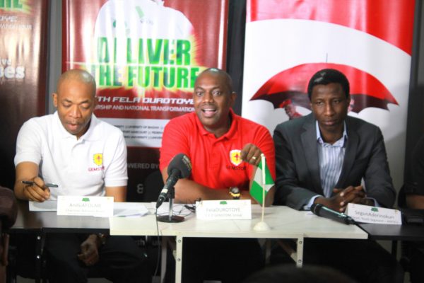 Mr. Fela Durotoye (CEO Gemstone Group) addressing the media